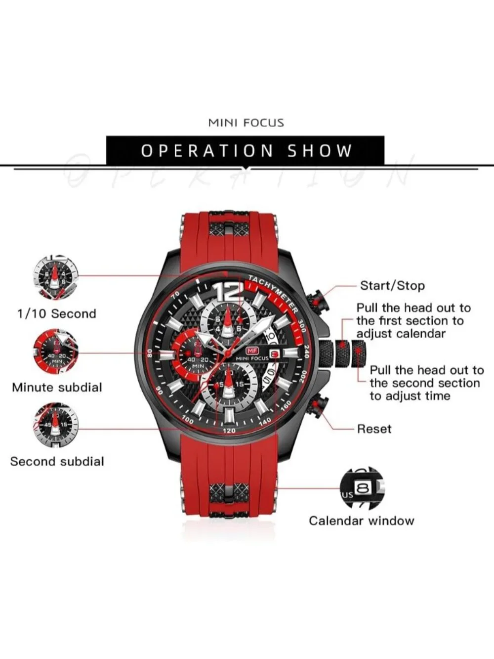Men's Red Silicon Band Analog Quartz Chronograph Waterproof Luminous Wrist Watch
